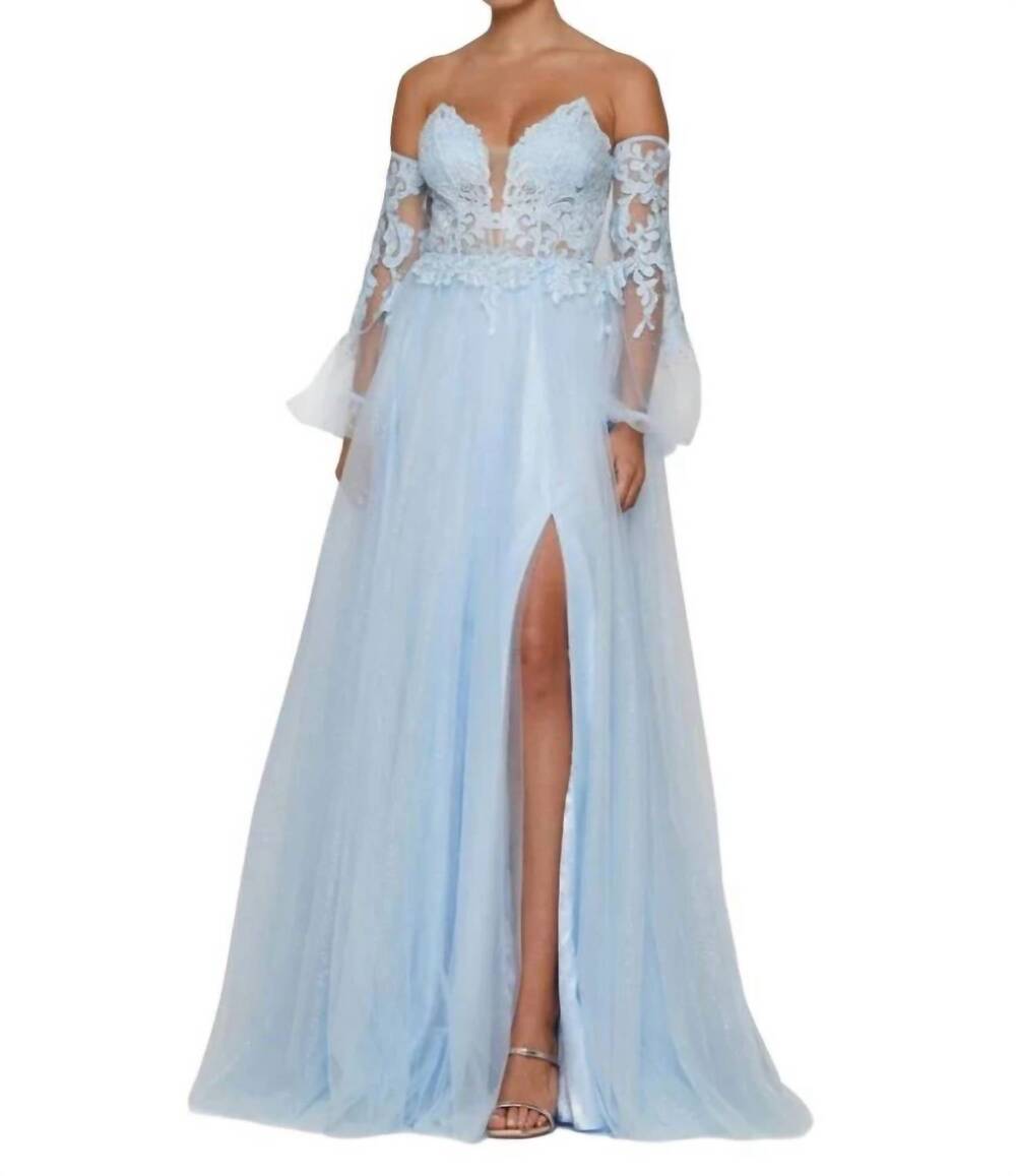 NEW COLORS DRESS sheer lace a line long sleeve shimmer slit corset formal gown i